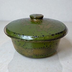 Vtg Hanova of Pasadena Green Lava Enamel Lidded Casserole Dish Brutalist MCM